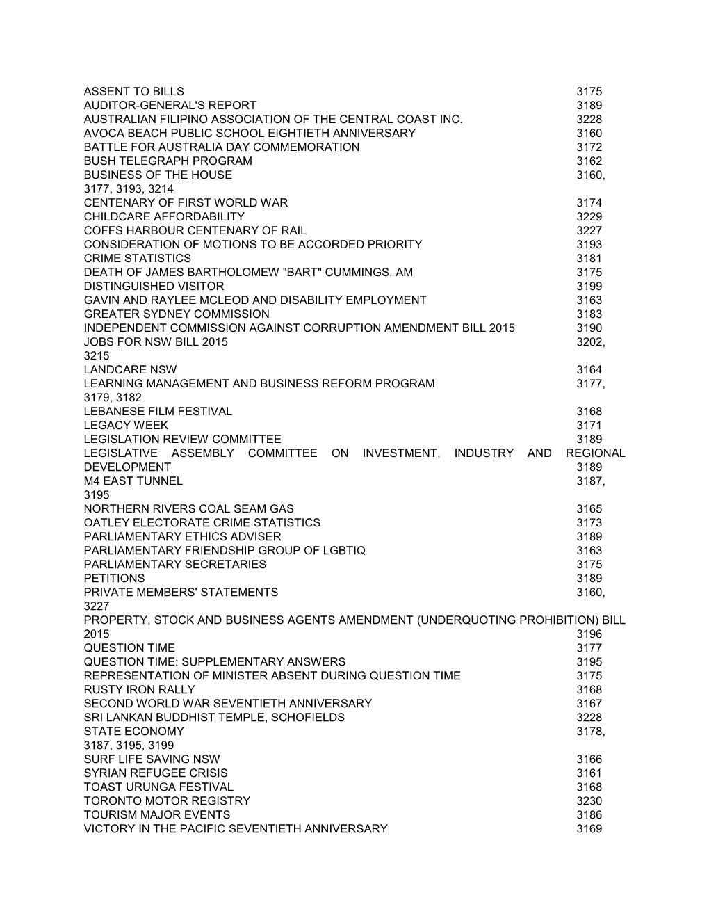 Assent to Bills 3175 Auditor-General's Report 3189 Australian Filipino Association of the Central Coast Inc