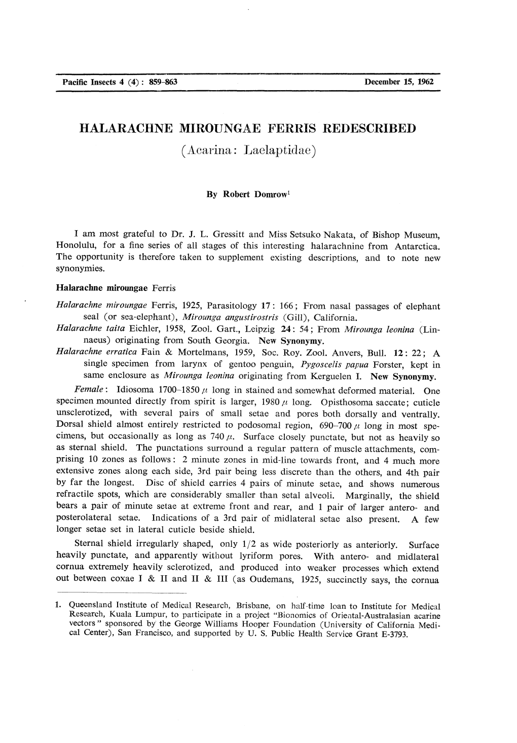 HALARACHNE MIROUNGAE FERRIS REDESCRIBED (Acarina: Laelaptidae)