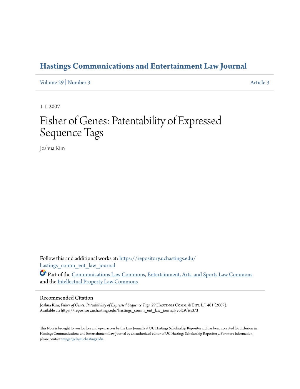 Patentability of Expressed Sequence Tags Joshua Kim