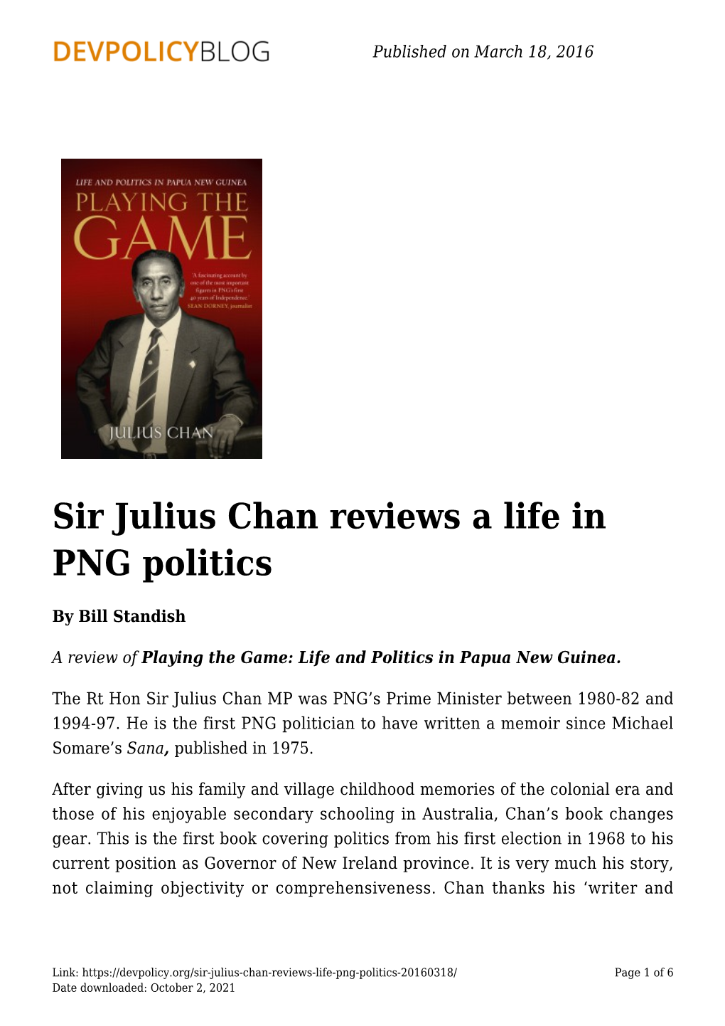 Sir Julius Chan Reviews a Life in PNG Politics