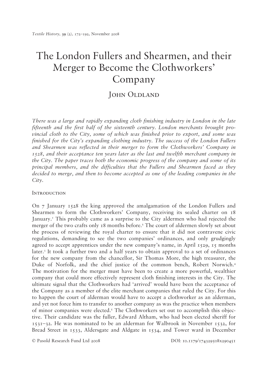 The London Fullers and Shearmen, and Their Merger to Become the Clothworkers’ Company John Oldland