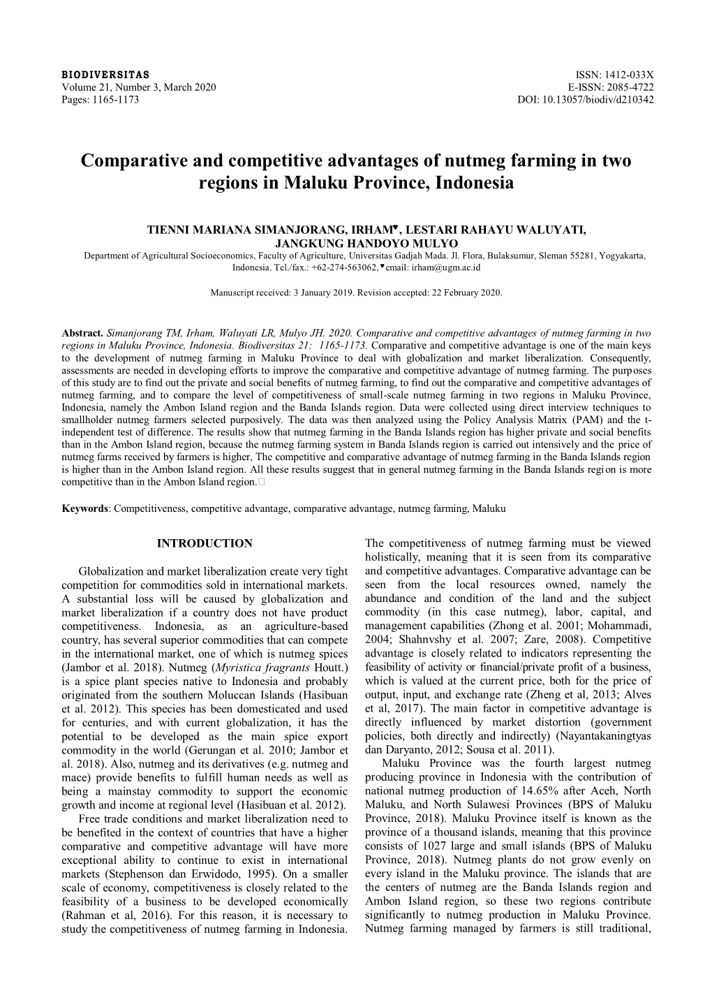 Comparative and Competitive Advantages of Nutmeg Farming in Two Regions in Maluku Province, Indonesia