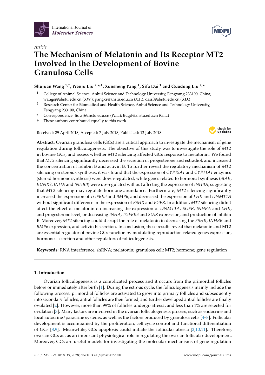 The Mechanism of Melatonin and Its Receptor MT2 Involved in the Development of Bovine Granulosa Cells