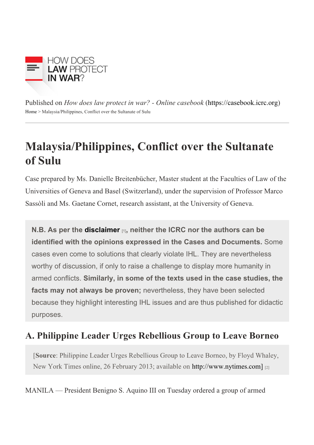 Malaysia/Philippines, Conflict Over the Sultanate of Sulu