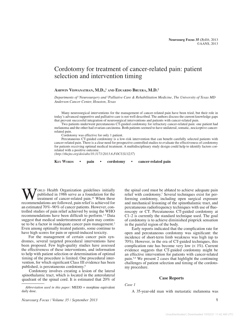 Cordotomy for Treatment of Cancer-Related Pain: Patient Selection and Intervention Timing