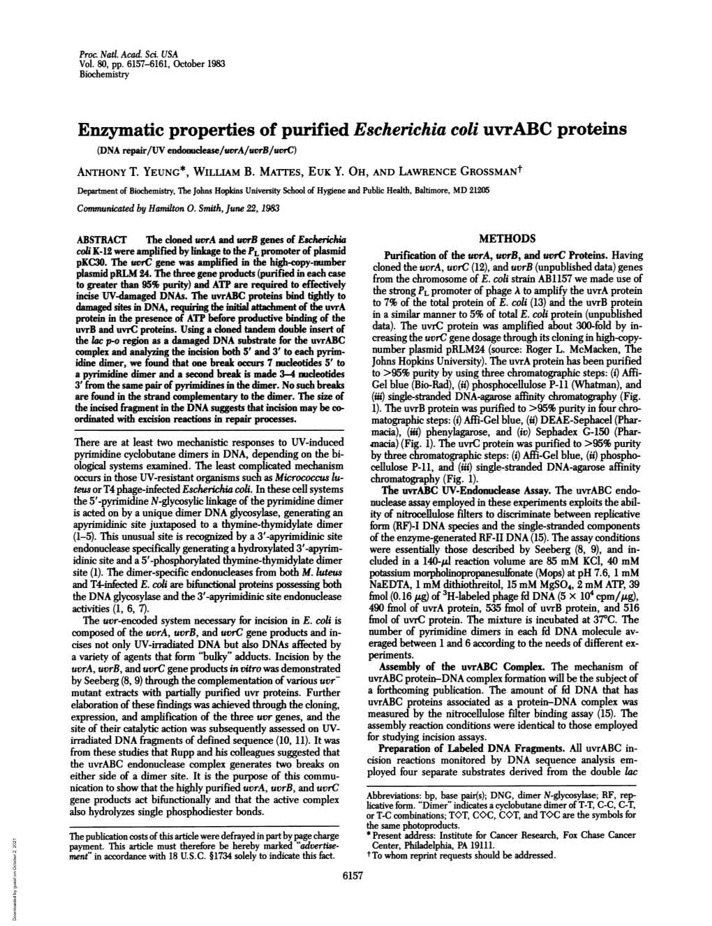 Enzymatic Properties of Purified Escherichia Coliuvrabc Proteins