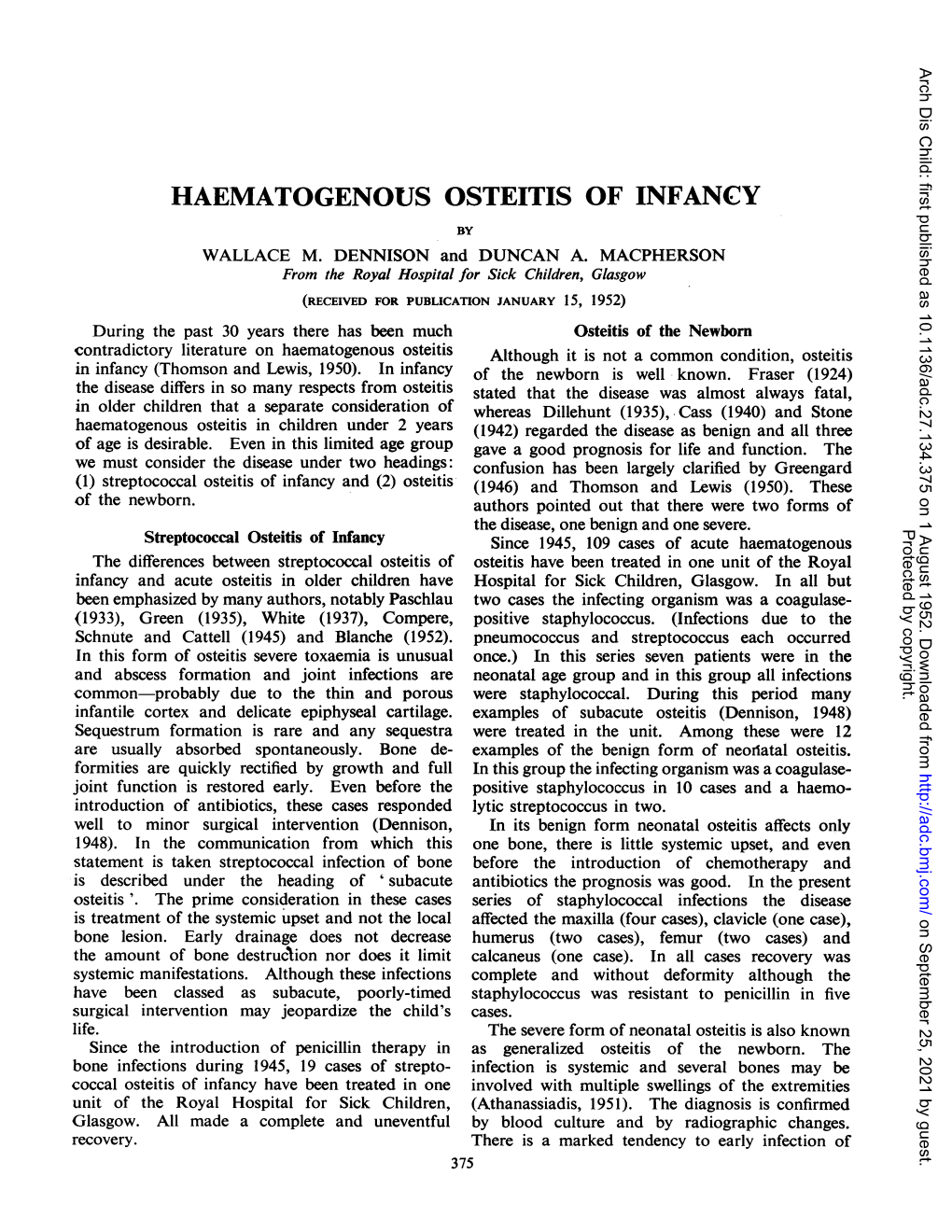 Haematogenous Osteitis of Infancy by Wallace M