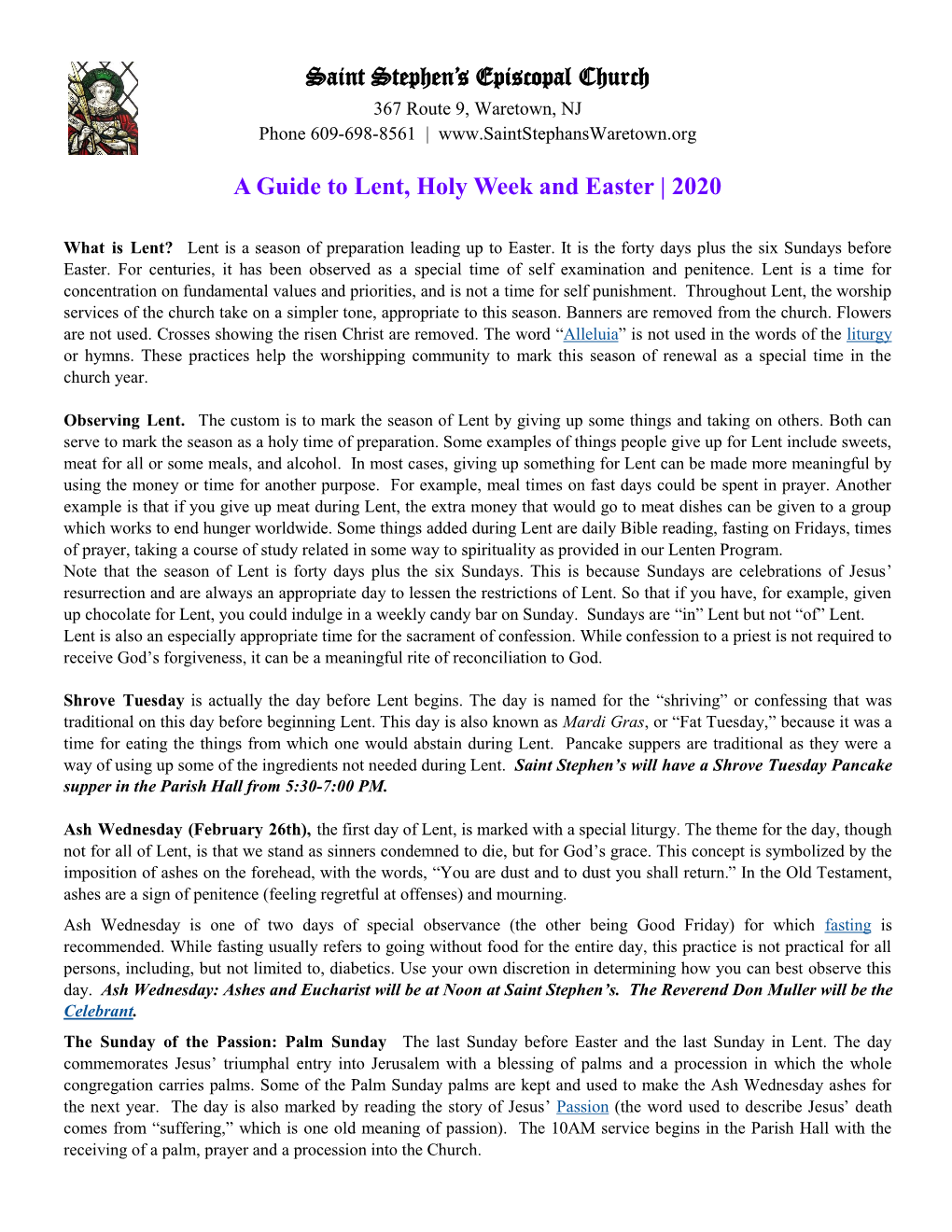 Saint Stephen's Episcopal Church a Guide to Lent, Holy Week And