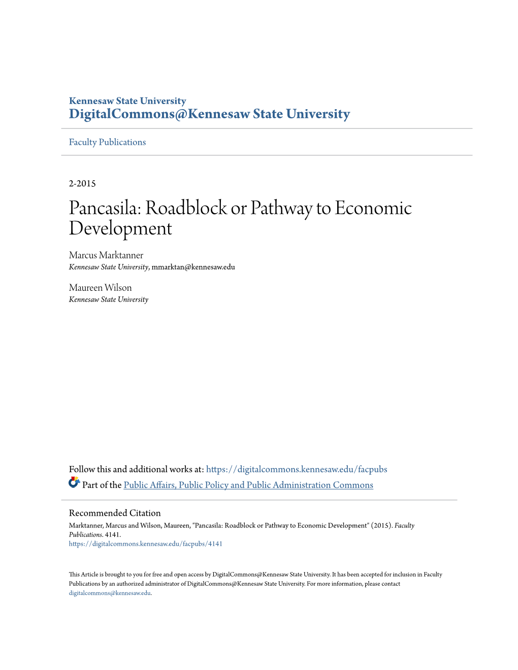Pancasila: Roadblock Or Pathway to Economic Development Marcus Marktanner Kennesaw State University, Mmarktan@Kennesaw.Edu