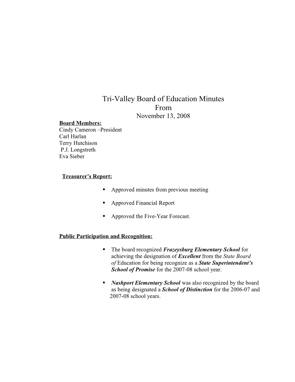 Tri-Valley Board of Education Minutes