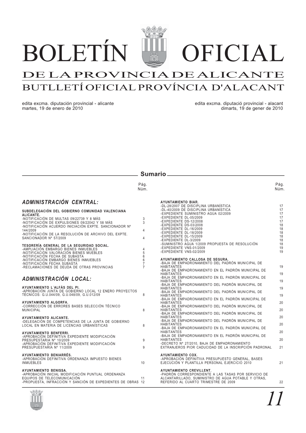 BOLETÍN OFICIAL DE LA PROVINCIA DE ALICANTE BUTLLETÍ OFICIAL PROVÍNCIA D'alacant Edita Excma