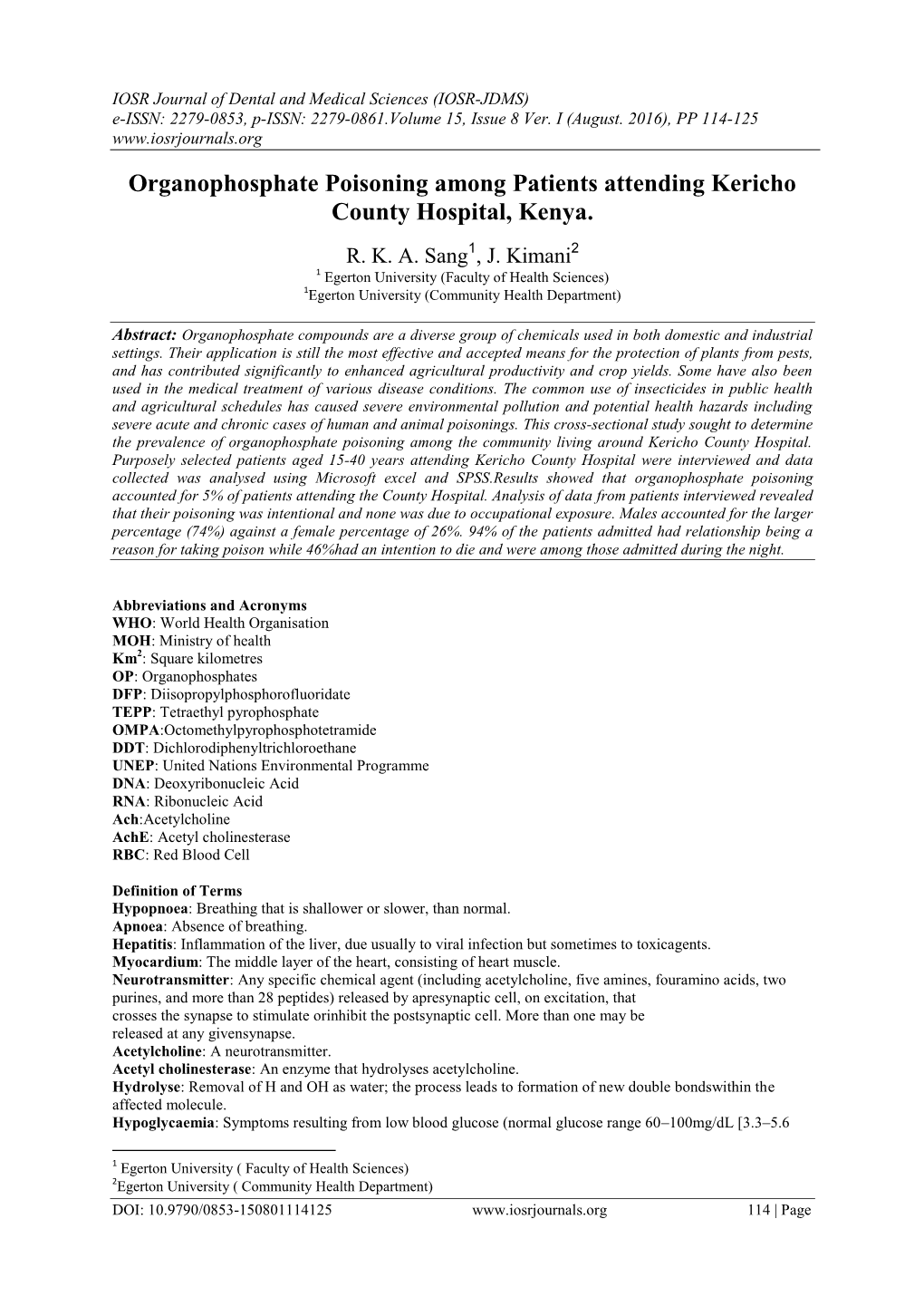 Organophosphate Poisoning Among Patients Attending Kericho County Hospital, Kenya