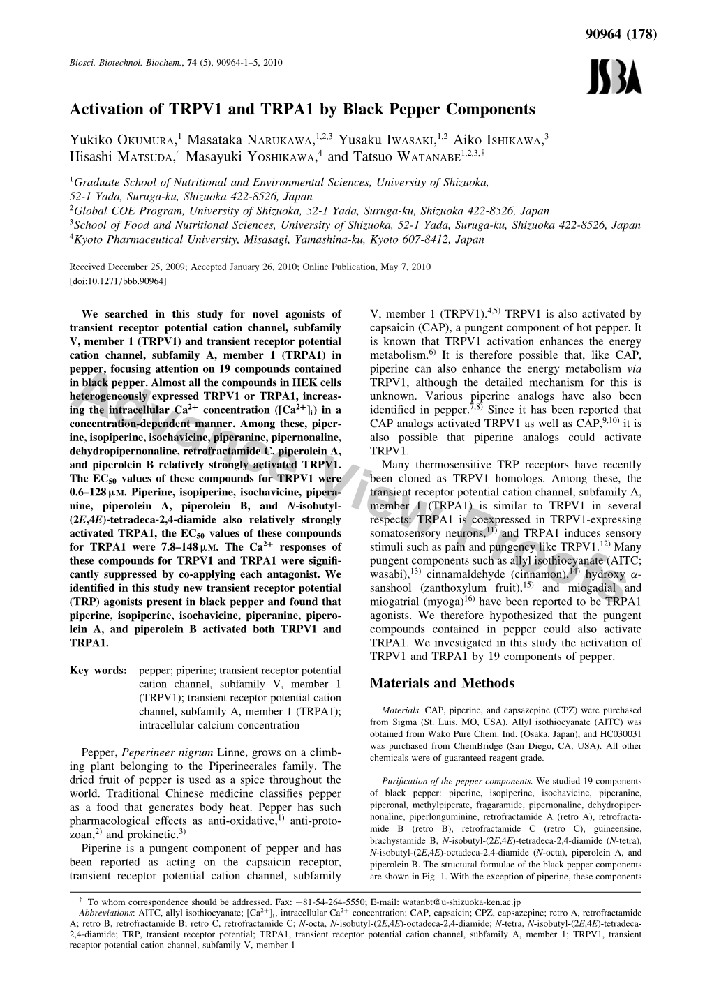 Activation of TRPV1 and TRPA1 by Black Pepper Components