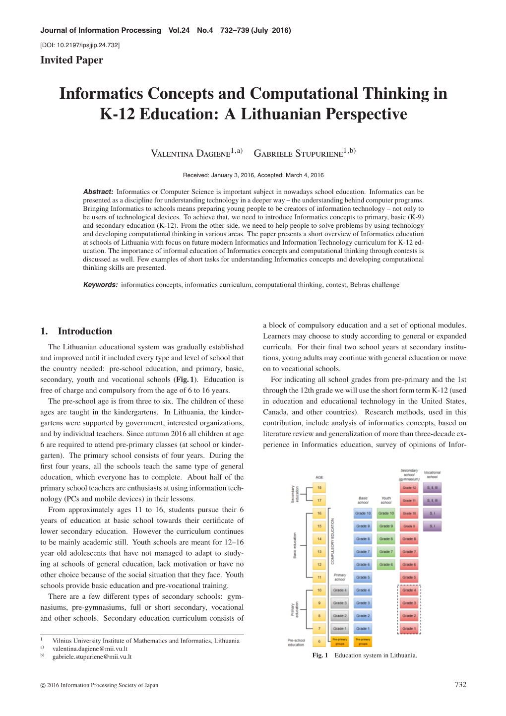 Informatics Concepts and Computational Thinking in K-12 Education: a Lithuanian Perspective