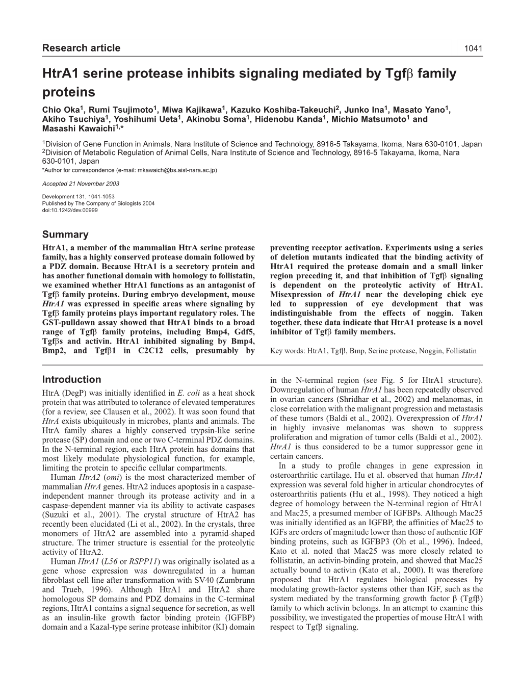 Htra1 Serine Protease Inhibits Signaling Mediated by Tgfβ Family Proteins