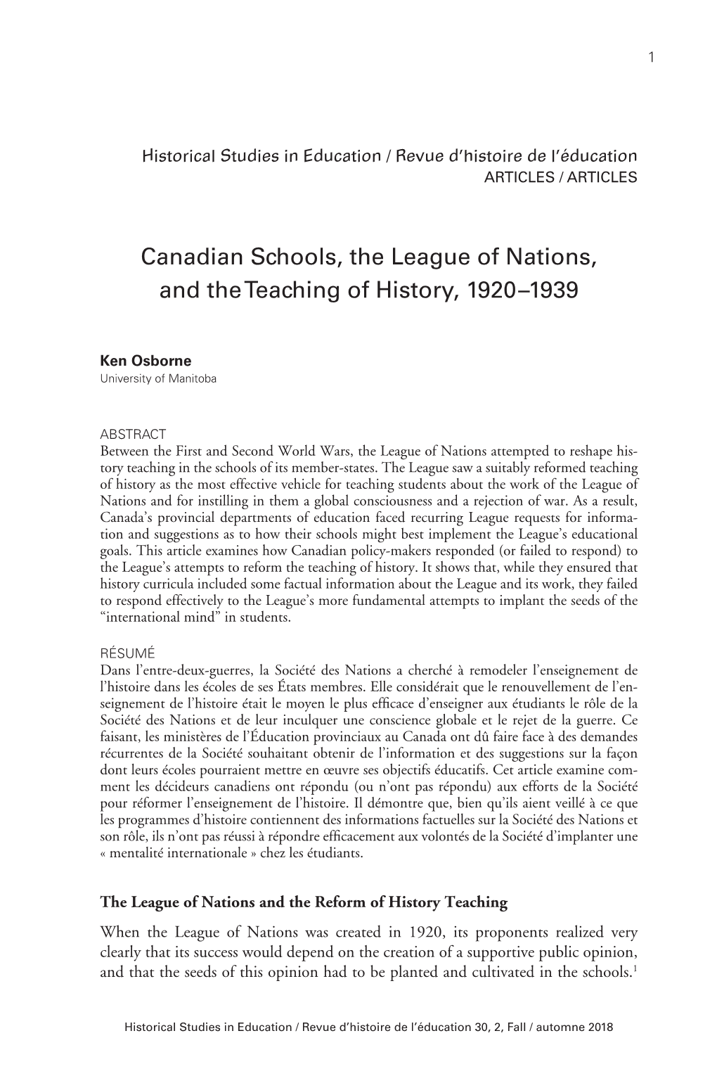 Canadian Schools, the League of Nations, and the Teaching of History, 1920–1939