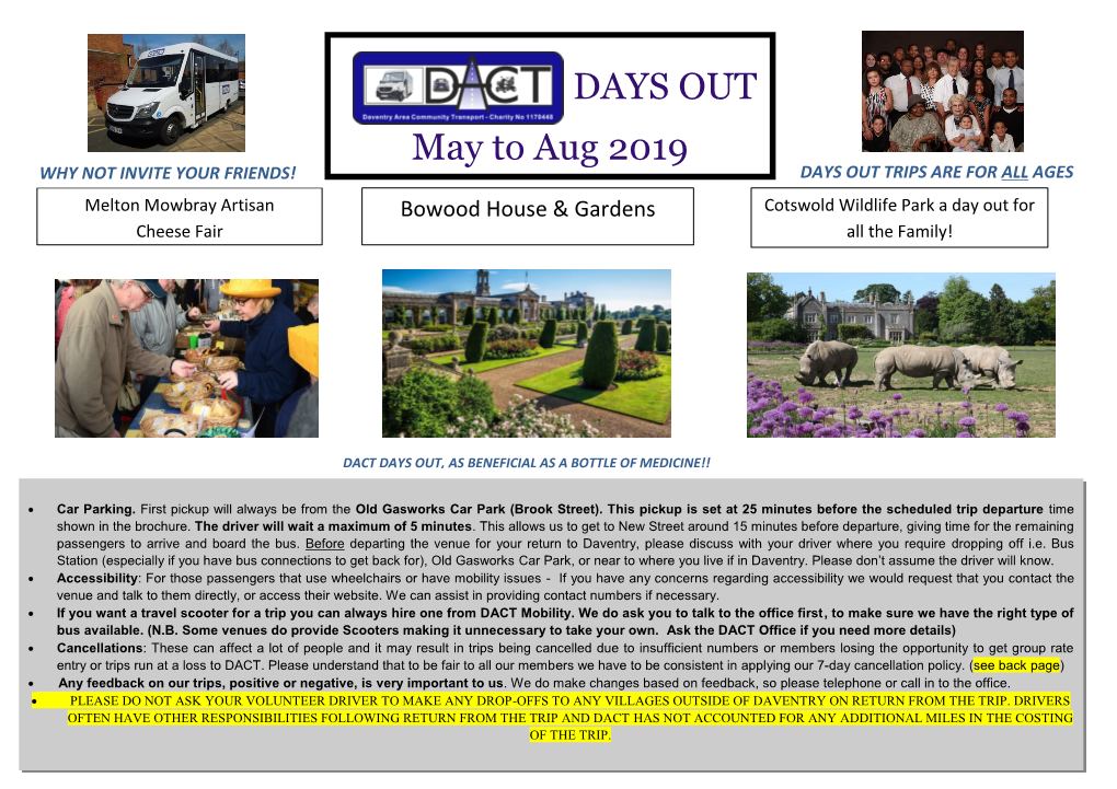 DAYS out May to Aug 2019