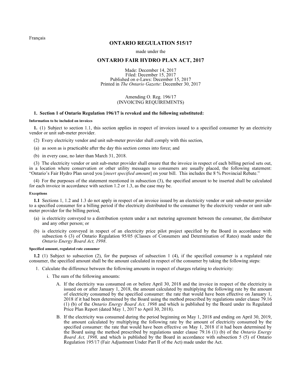 ONTARIO FAIR HYDRO PLAN ACT, 2017 - O. Reg. 515/17