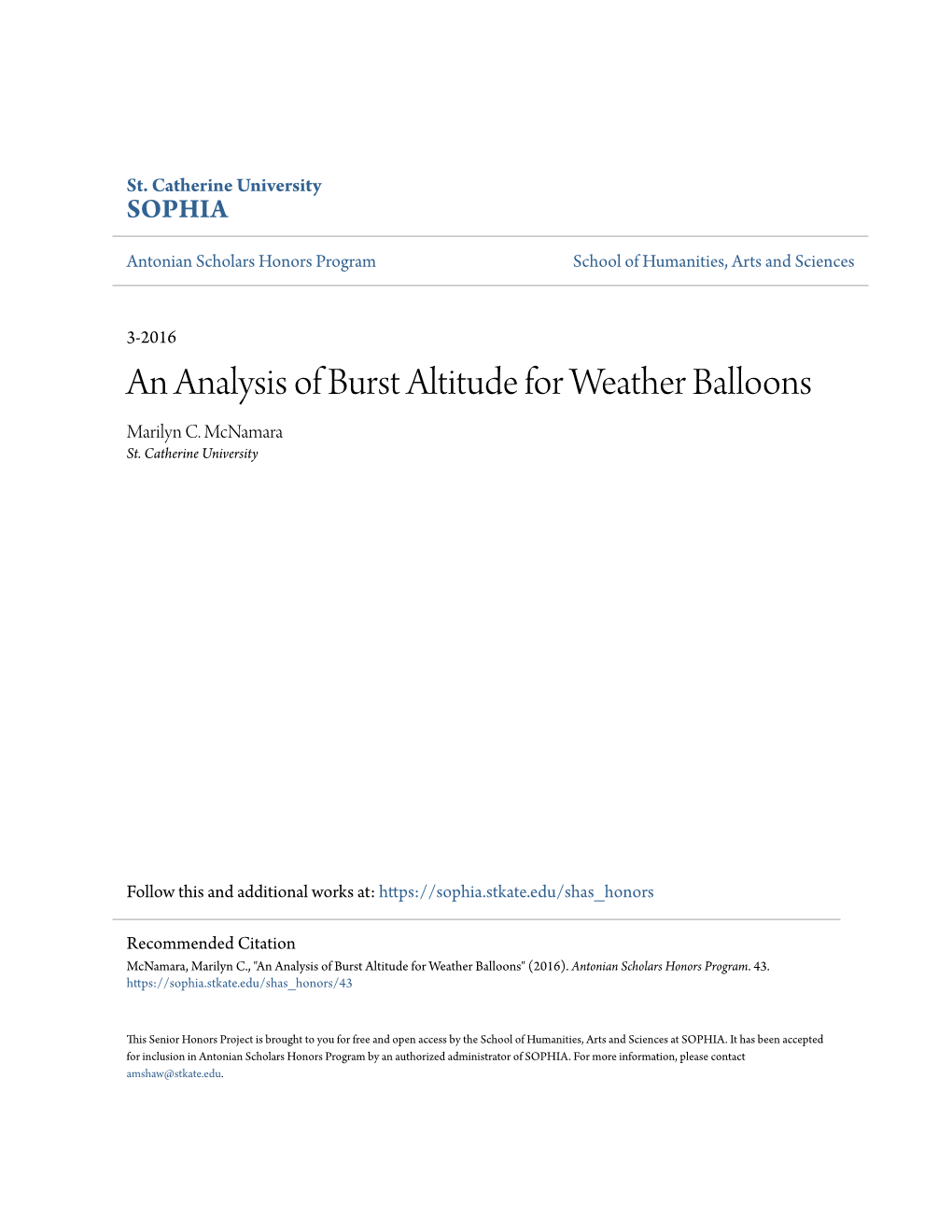 An Analysis of Burst Altitude for Weather Balloons Marilyn C