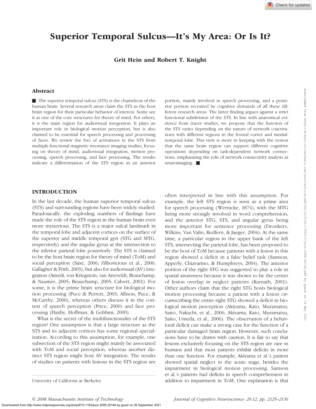 Superior Temporal Sulcus—It's My Area: Or Is