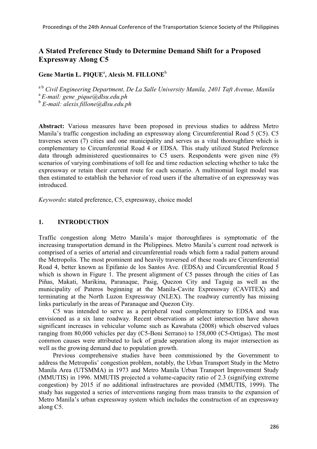 A Stated Preference Study to Determine Demand Shift for a Proposed Expressway Along C5