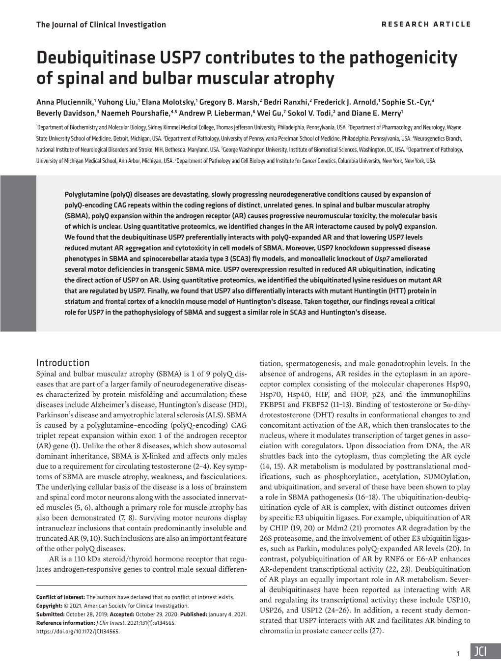 Deubiquitinase USP7 Contributes to the Pathogenicity of Spinal and Bulbar Muscular Atrophy