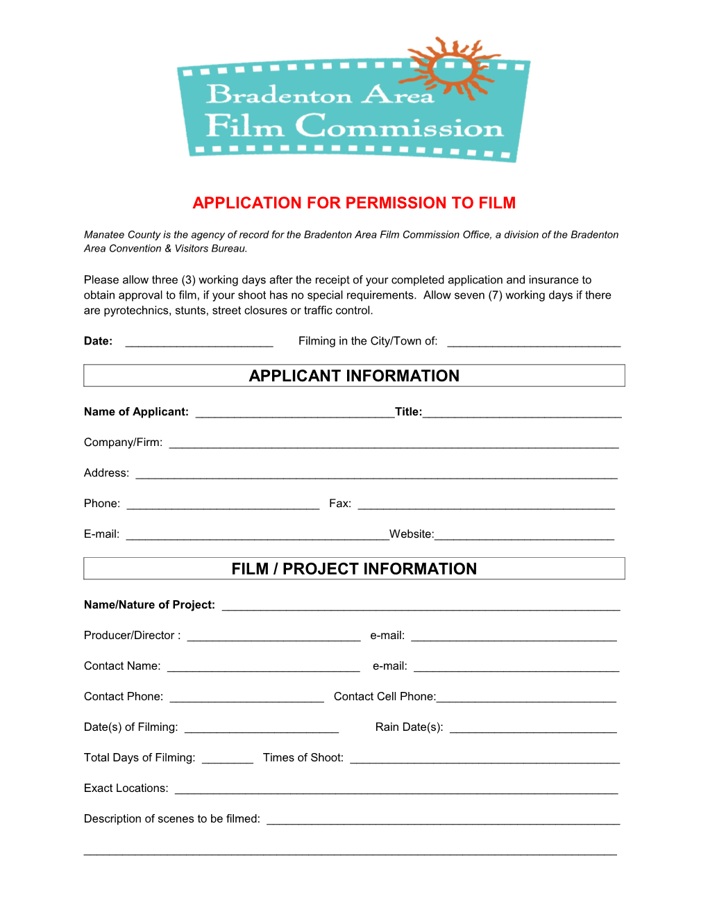 Application for Permission to Film