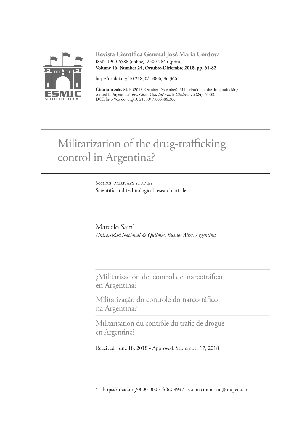 Militarization of the Drug-Trafficking Control in Argentina? Rev