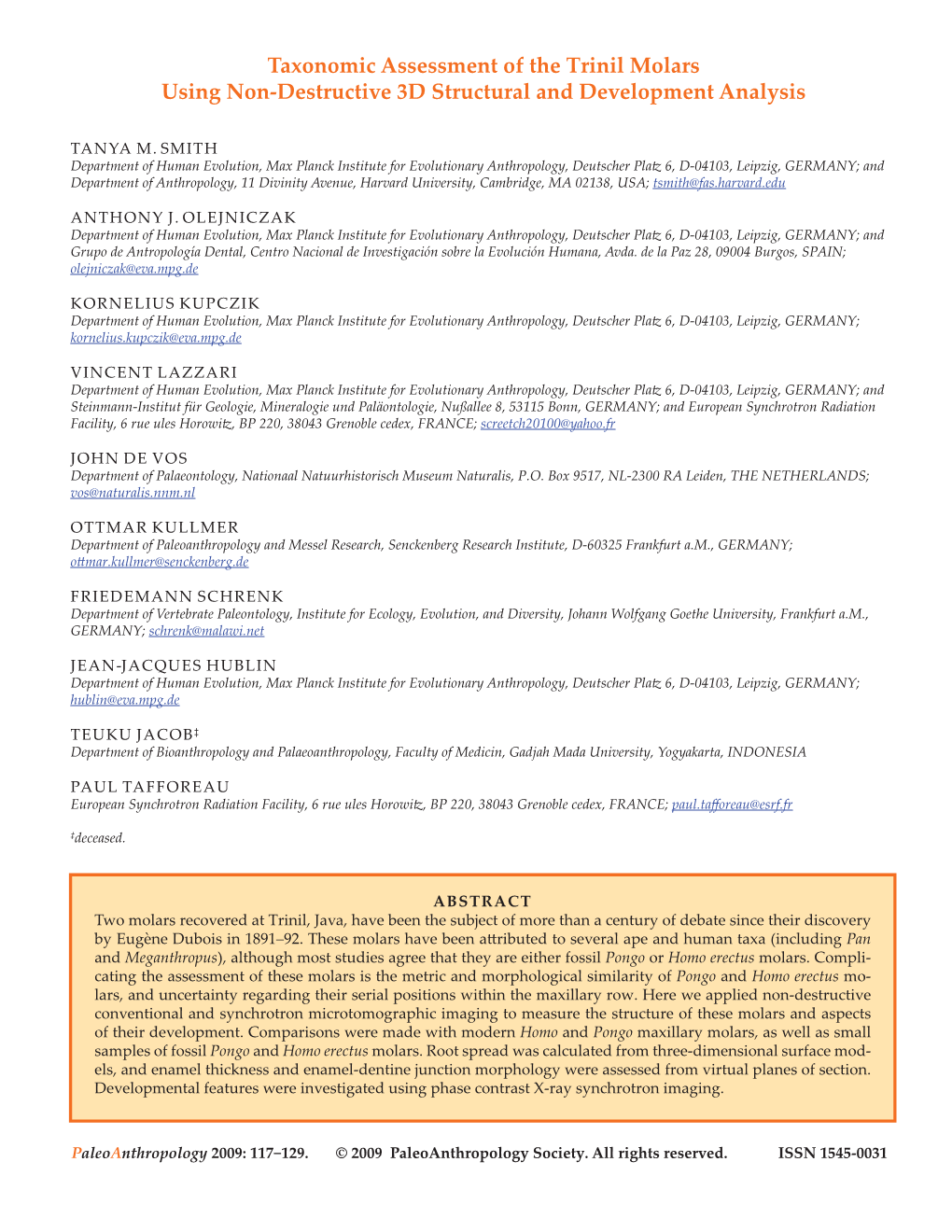 Taxonomic Assessment of the Trinil Molars Using Non-Destructive 3D Structural and Developmental Analysis