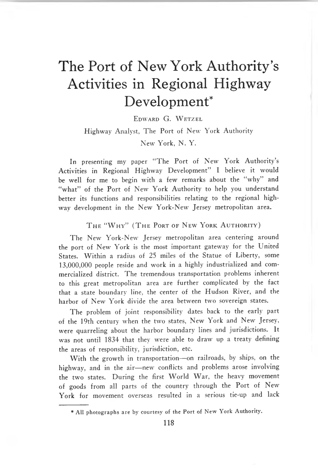 The Port of New York Authority's Activities in Regional Highway