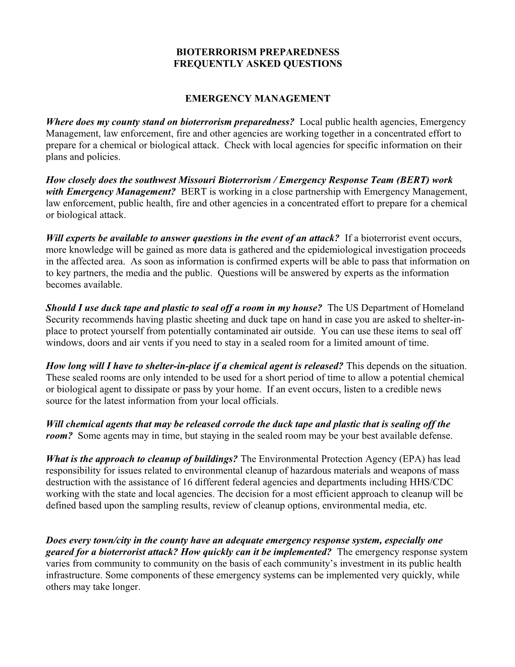 Bioterrorism Preparedness FAQ Emergency Management