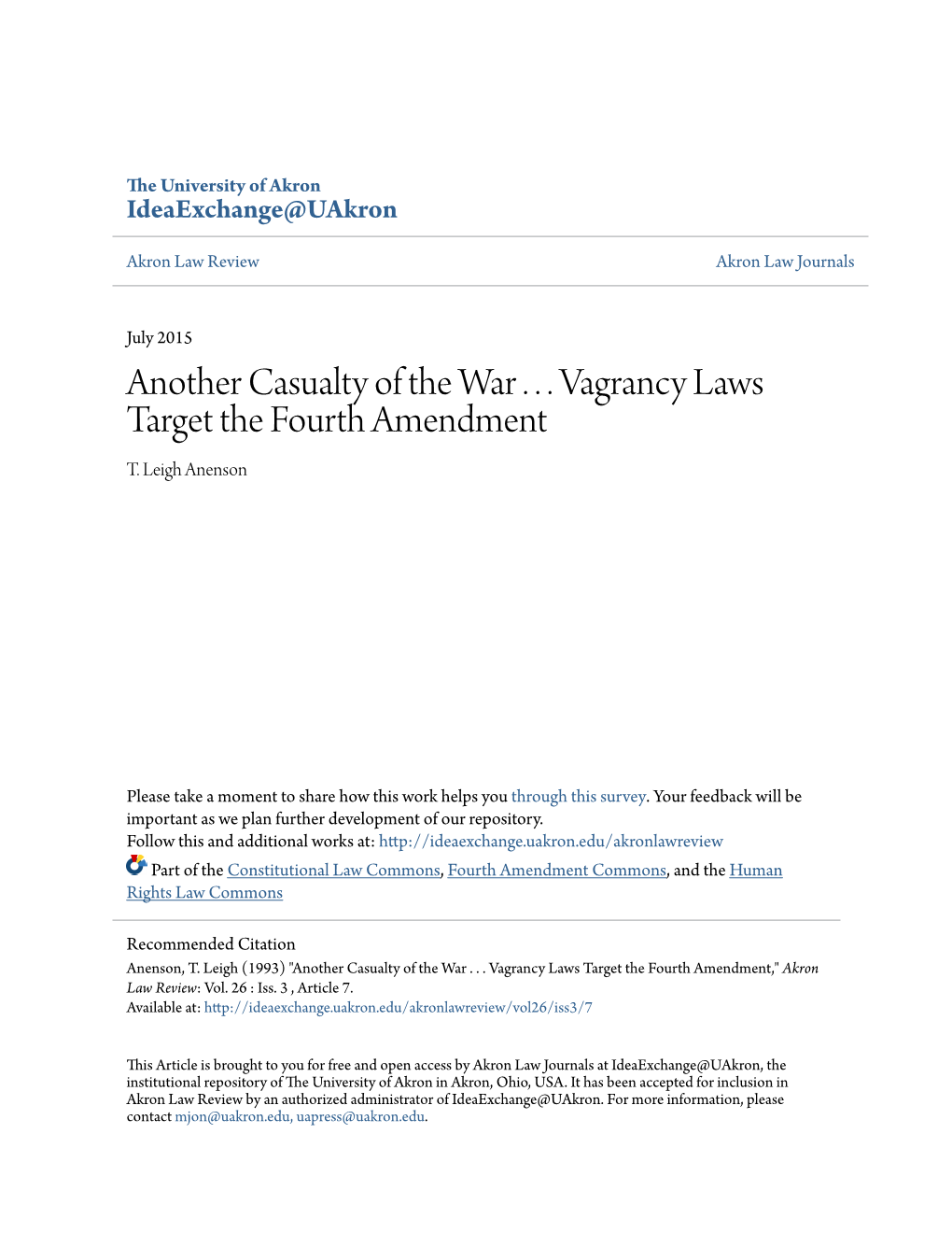 Another Casualty of the War . . . Vagrancy Laws Target the Fourth Amendment T