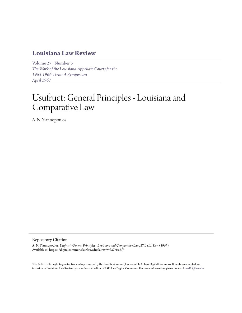 Usufruct: General Principles - Louisiana and Comparative Law A