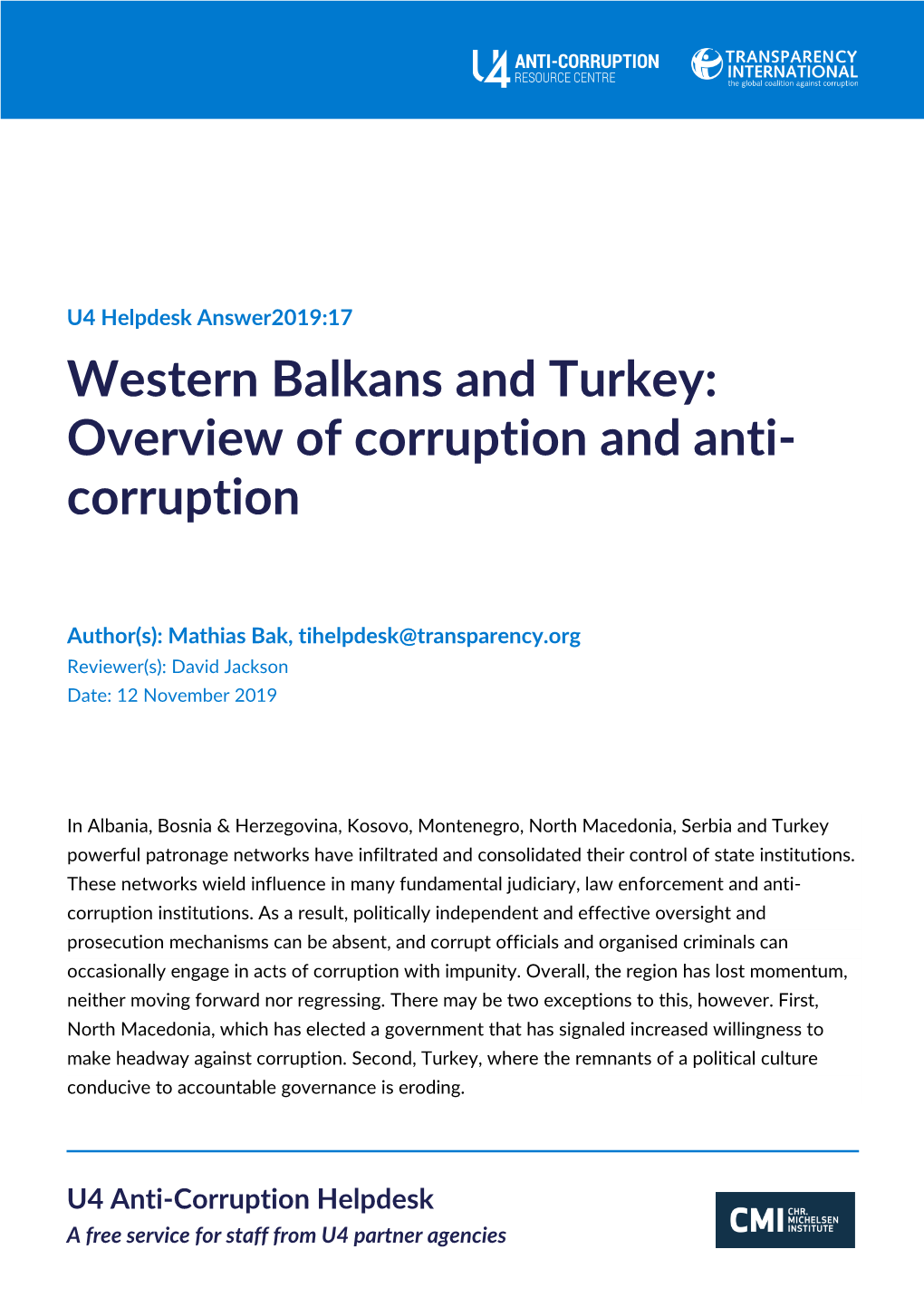 Western Balkans and Turkey: Overview of Corruption and Anti