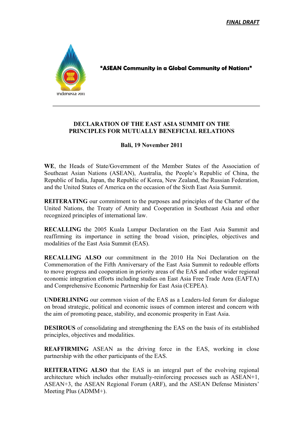 Declaration of the East Asia Summit on the Principles for Mutually Beneficial Relations