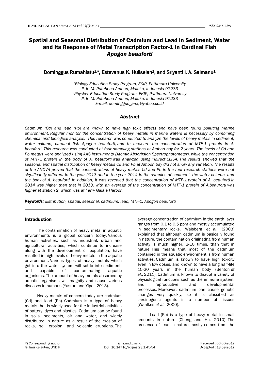 Spatial and Seasonal Distribution of Cadmium and Lead in Sediment, Water and Its Response of Metal Transcription Factor-1 in Cardinal Fish Apogon Beauforti