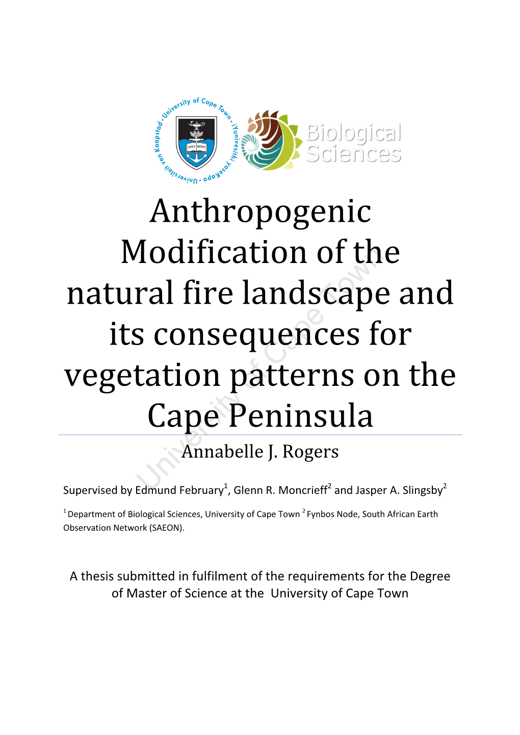 Anthropogenic Modification of the Natural Fire Landscape and Its Consequences for Vegetation Patterns on the Cape Peninsula