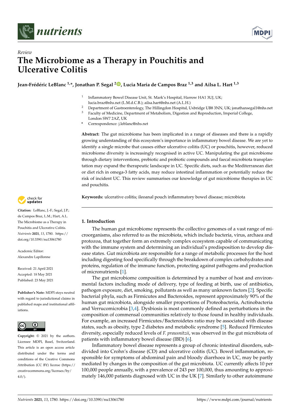 The Microbiome As a Therapy in Pouchitis Andulcerative Colitis