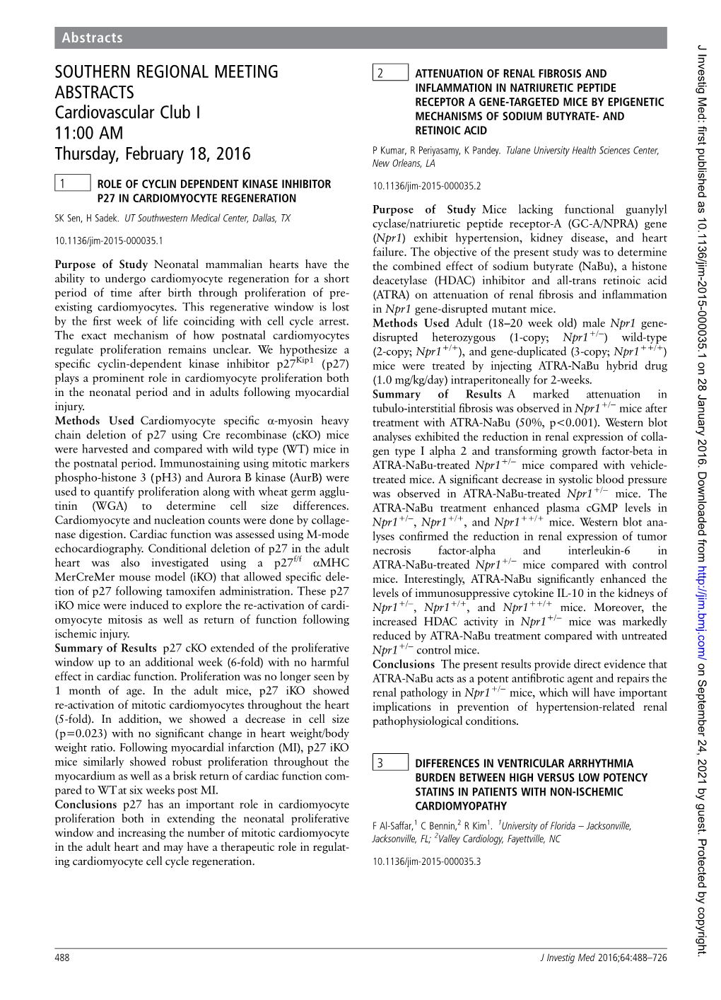 SOUTHERN REGIONAL MEETING ABSTRACTS Cardiovascular Club I