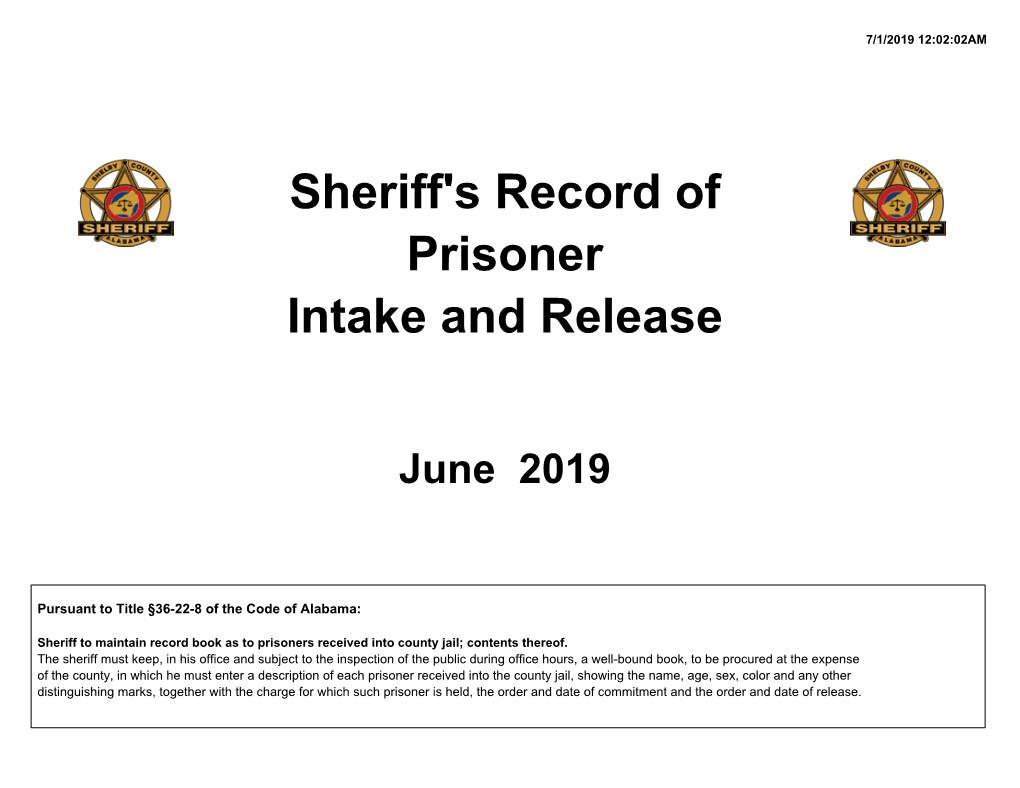 June 2019 Inmate Intake and Release Report