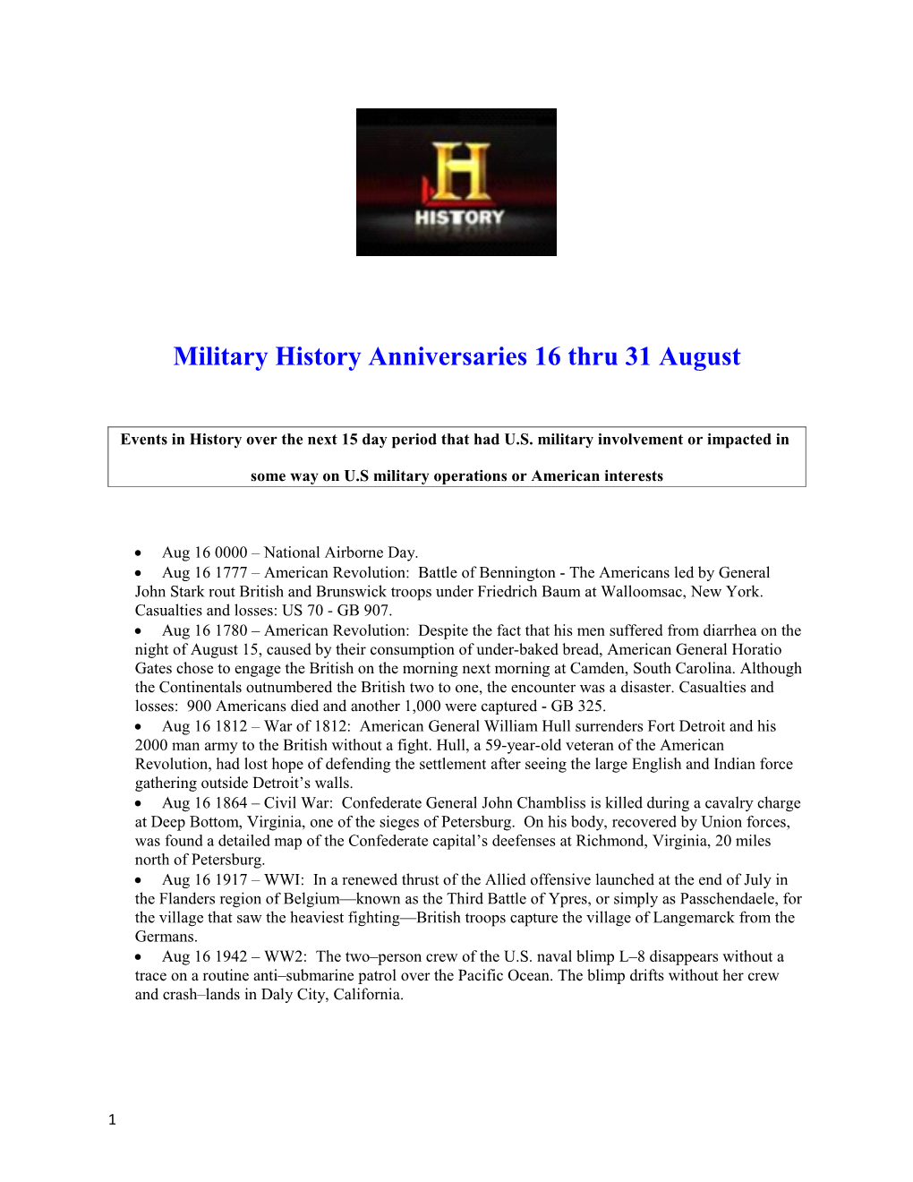 Military History Anniversaries 16 Thru 31 August