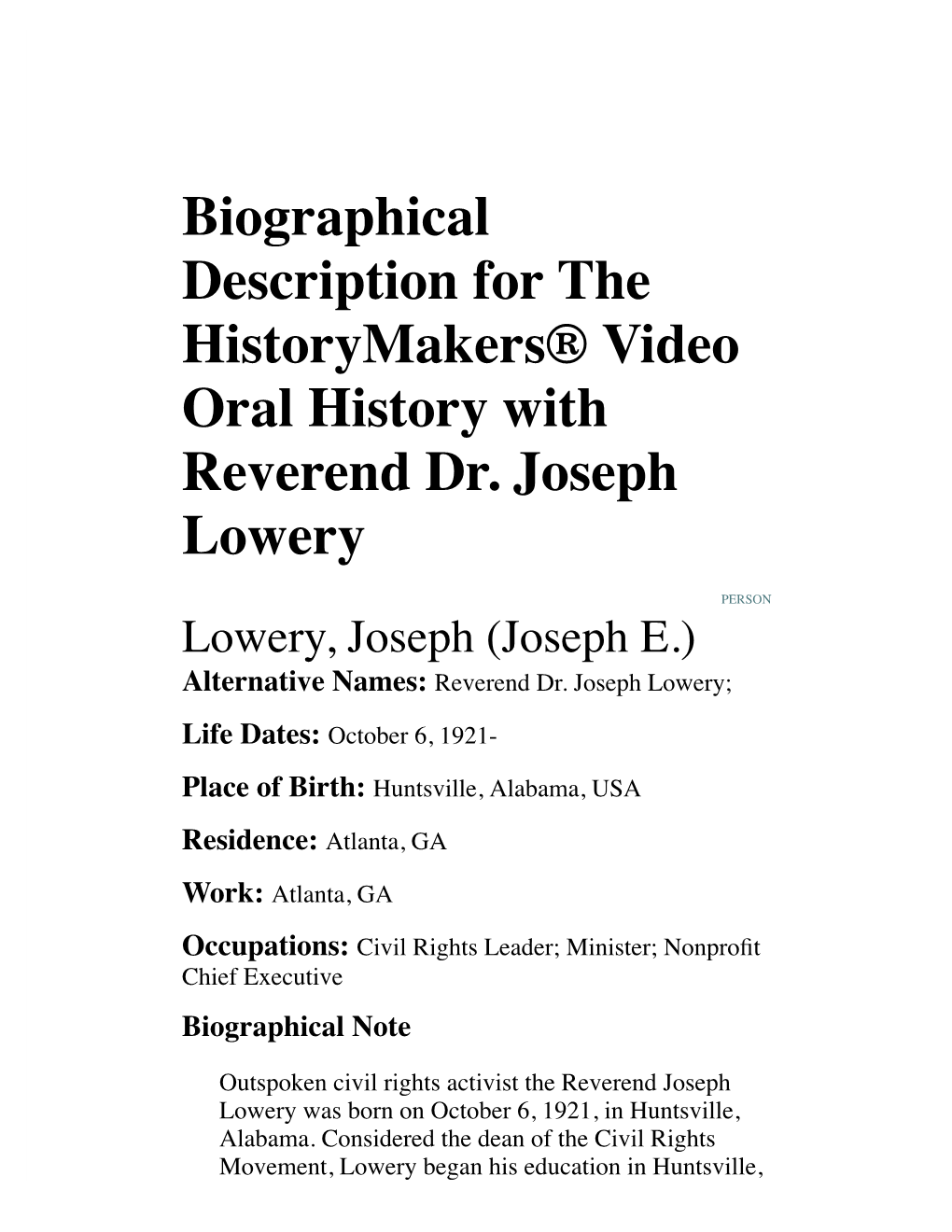 Biographical Description for the Historymakers® Video Oral History with Reverend Dr