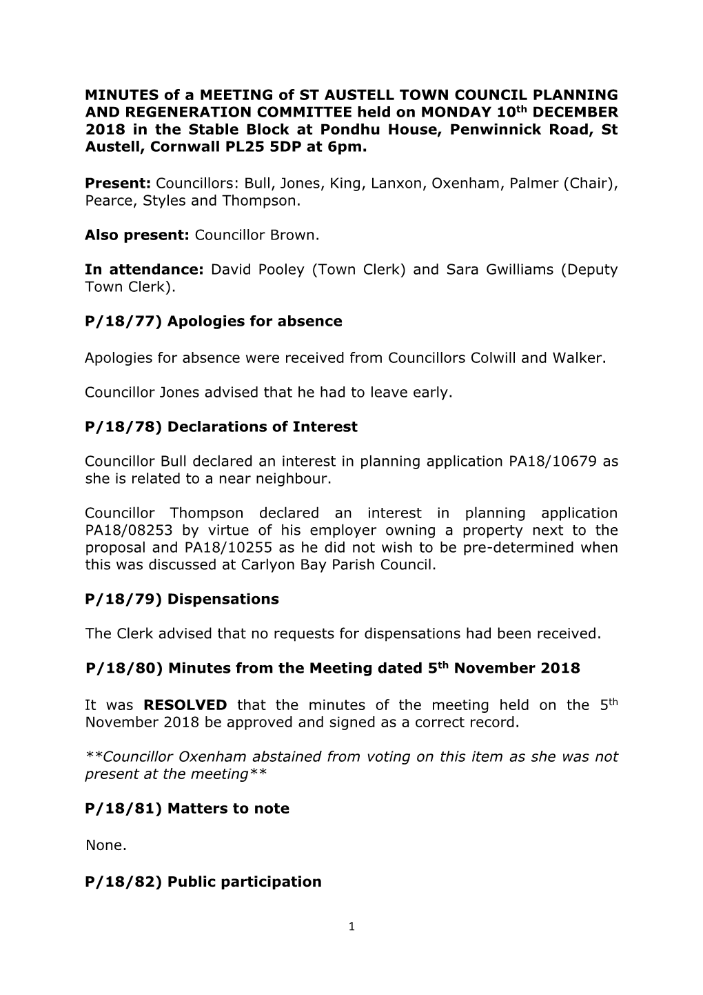 MINUTES of a MEETING of ST AUSTELL TOWN COUNCIL