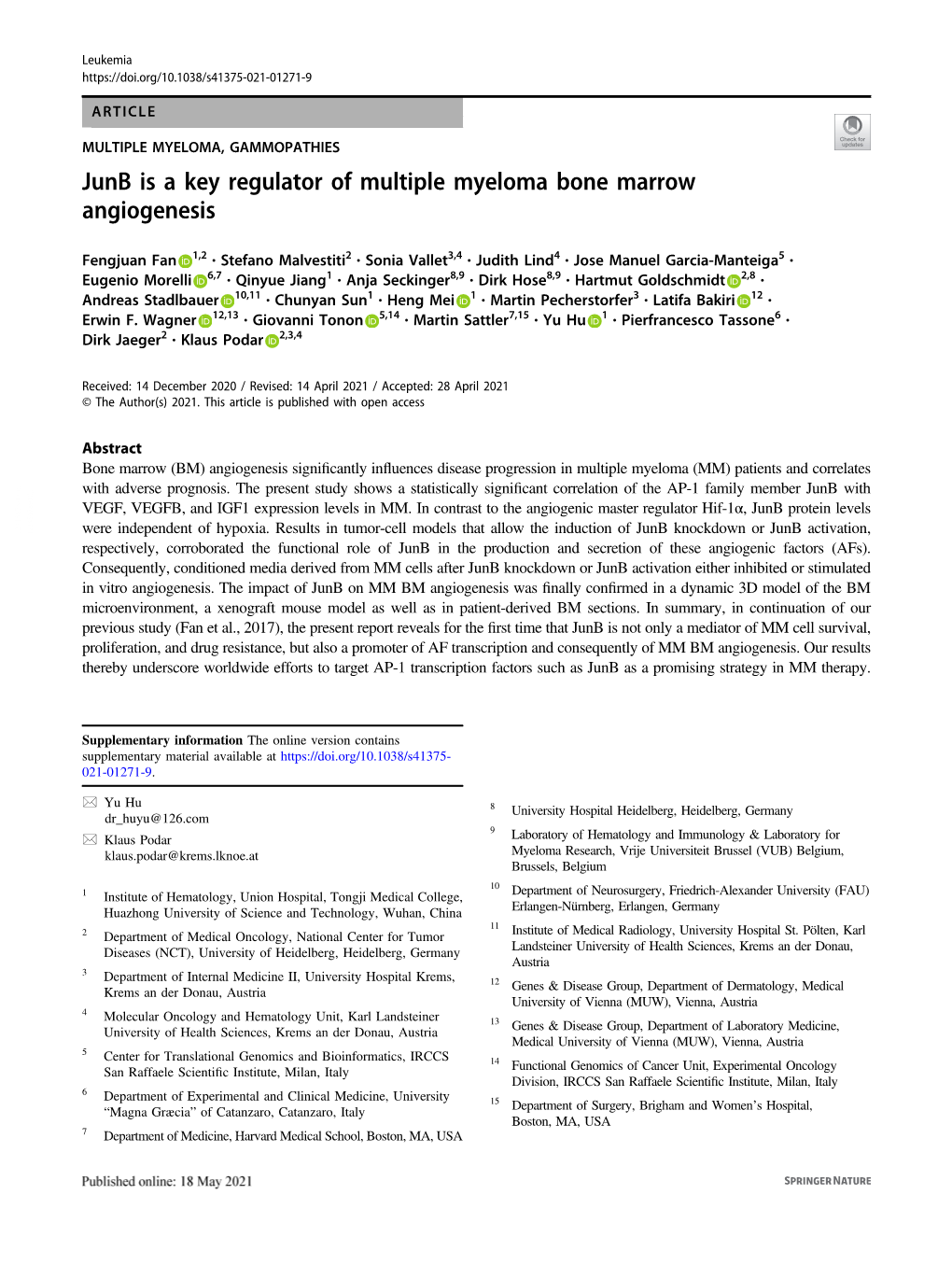 Junb Is a Key Regulator of Multiple Myeloma Bone Marrow Angiogenesis