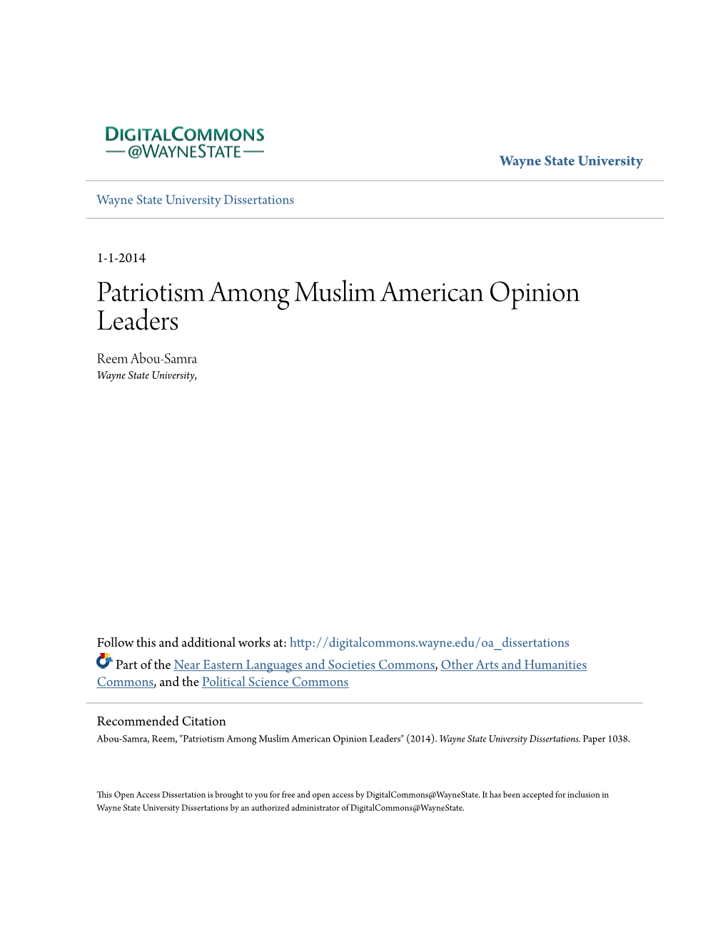 Patriotism Among Muslim American Opinion Leaders Reem Abou-Samra Wayne State University