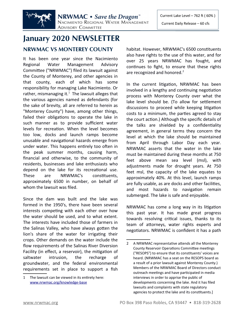 January 2020 NEWSLETTER NRWMAC VS MONTEREY COUNTY Habitat