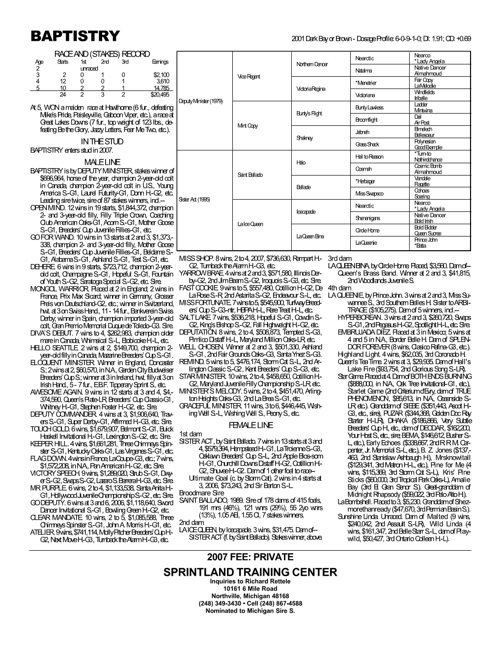 BAPTISTRY 2001 Dark Bay Or Brown - Dosage Profile: 6-0-9-1-0; DI: 1.91; CD: +0.69