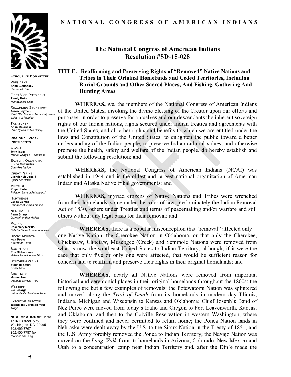 The National Congress of American Indians Resolution #SD-15-028