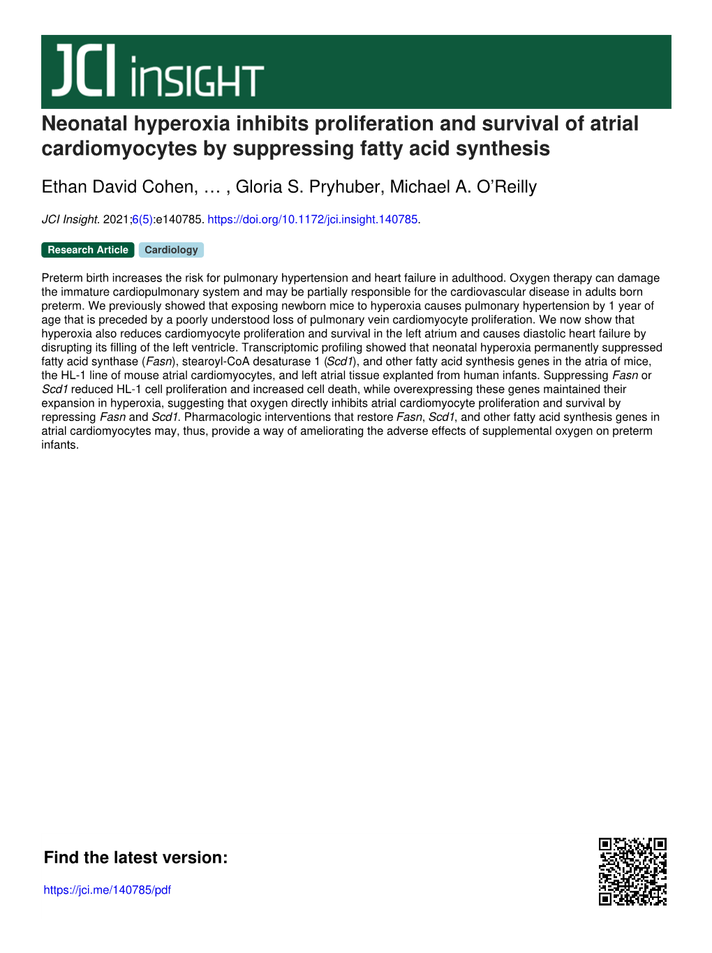 Neonatal Hyperoxia Inhibits Proliferation and Survival of Atrial Cardiomyocytes by Suppressing Fatty Acid Synthesis