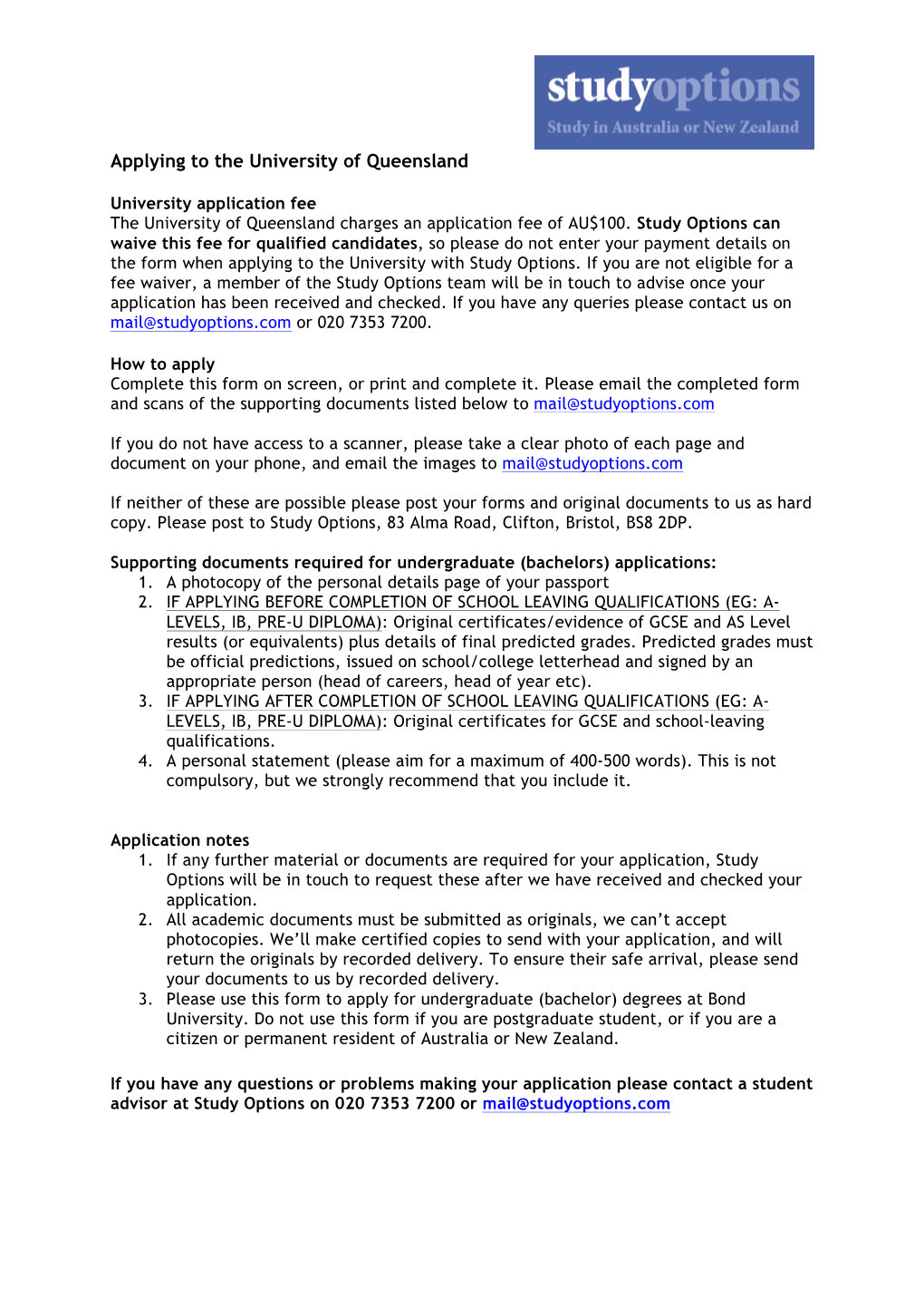 University of Queensland Undergraduate Application Form
